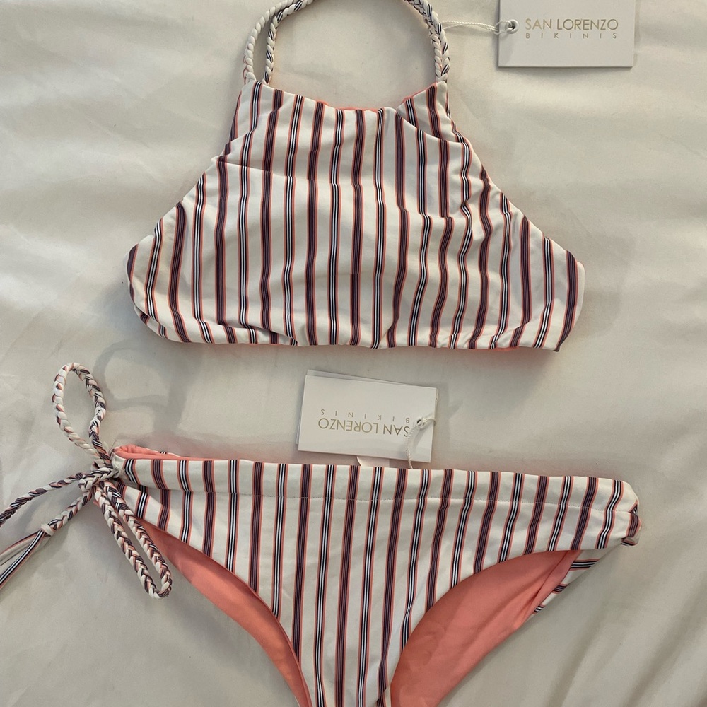 San Lorenzo Striped Bikini with Halter Top Small Bottoms Medium NWT